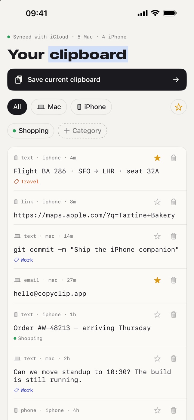 CopyClip Companion listing clips copied on the Mac and on the iPhone